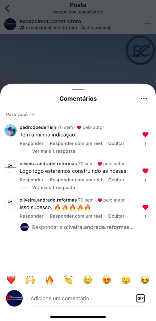 Comentários de clientes e parceiros elogiando o trabalho da construtora