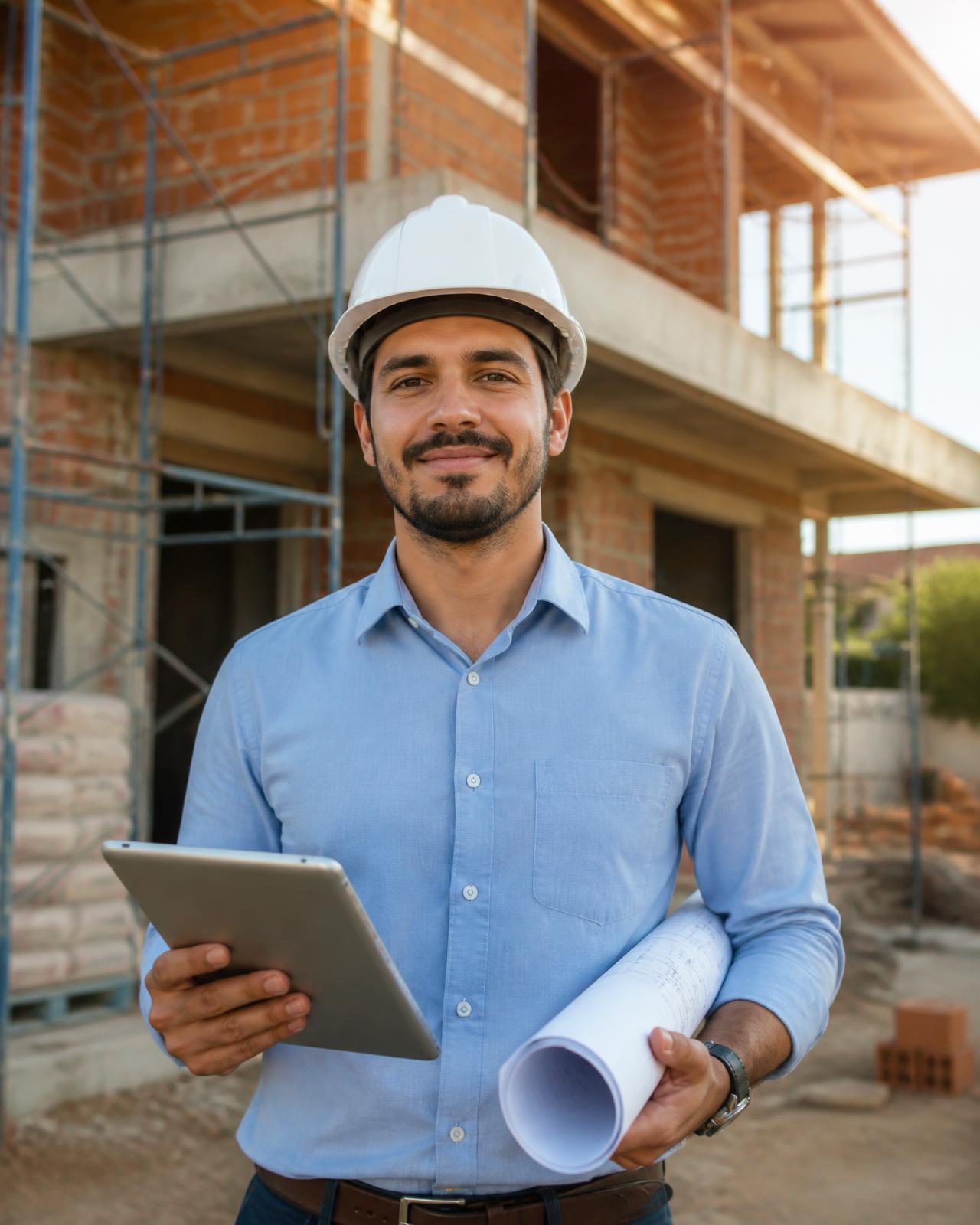 Engenheiro civil com capacete e prancha de projeto em obra residencial
